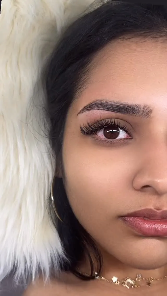 Lash set and brow detail, half-face close-up